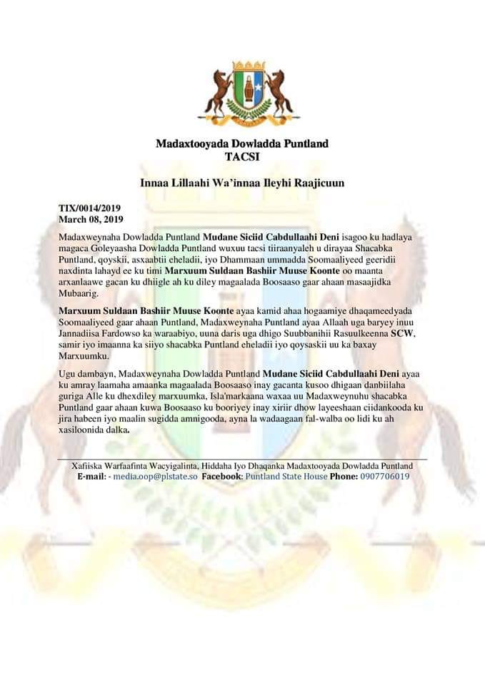 Madaxweynaha Puntland oo ka Tacsiyeeyay dilkii Suldaan Bashiir Muuse Koonte