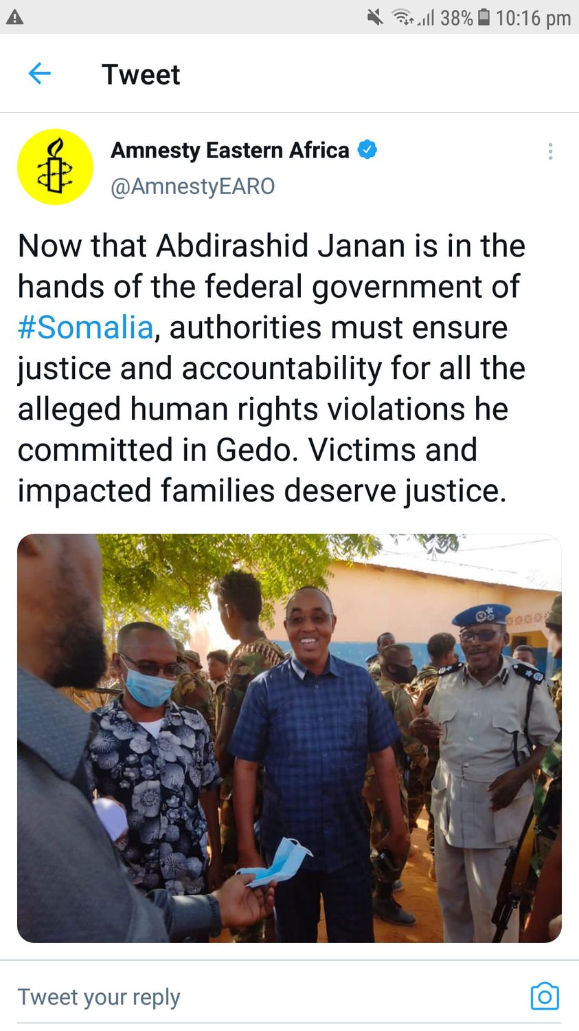 Amnesty International: “Cabdirashiid Janan waa in caddaaladda la hor keenaa”