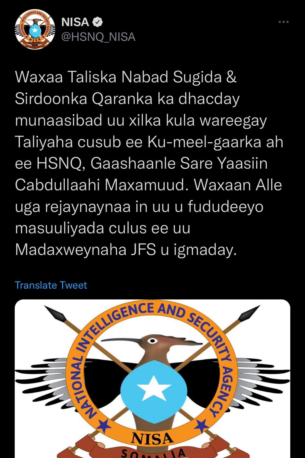 NISA: Fahad Yaasiin oo xilikii ku wareejiyay taliyii uu Farmaajo soo magacaabay