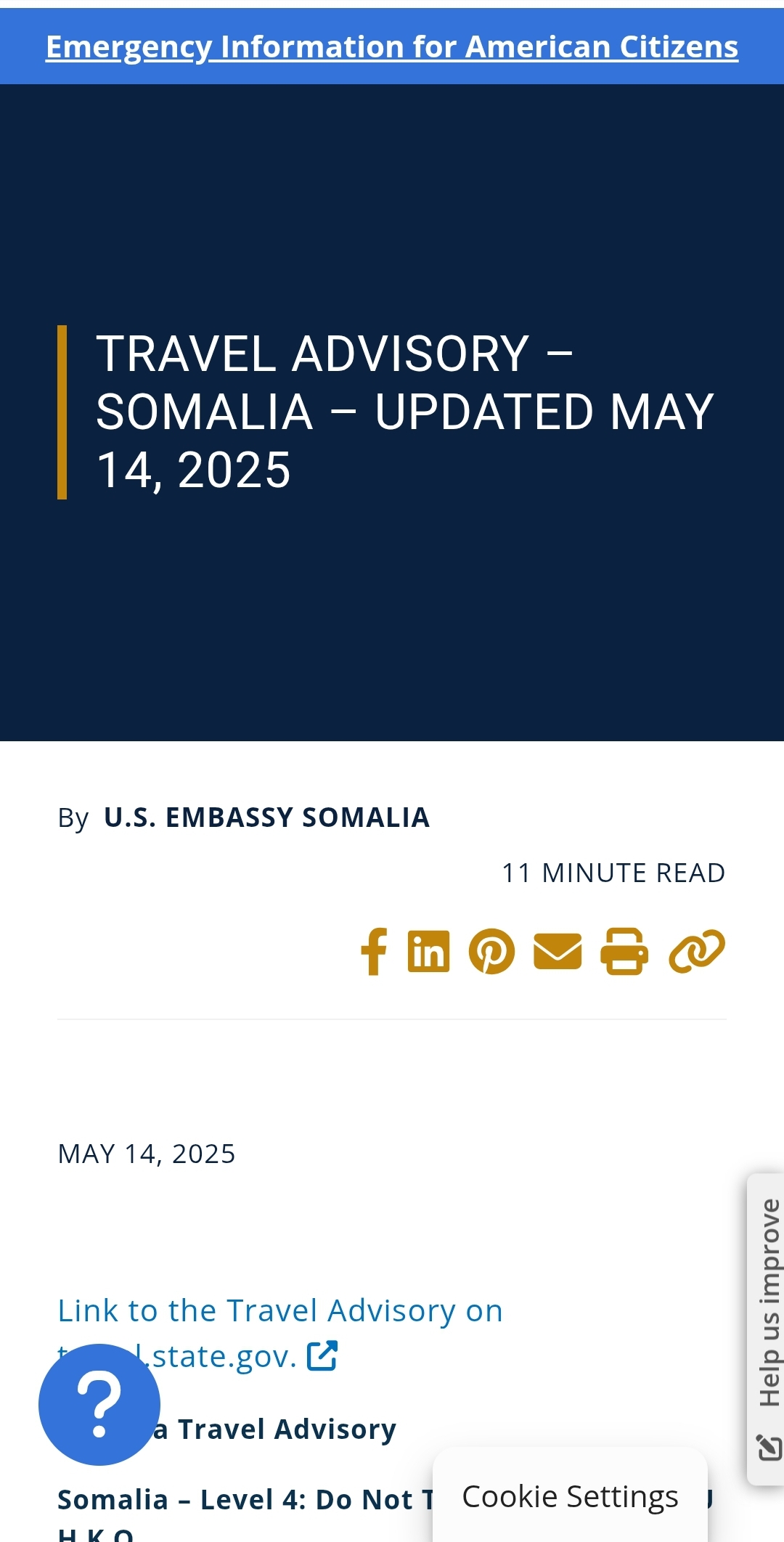 Mareykanka oo muwaadiniintiisa uga digay in ay Soomaaliya u safraan khatarno amni oo daran dartood