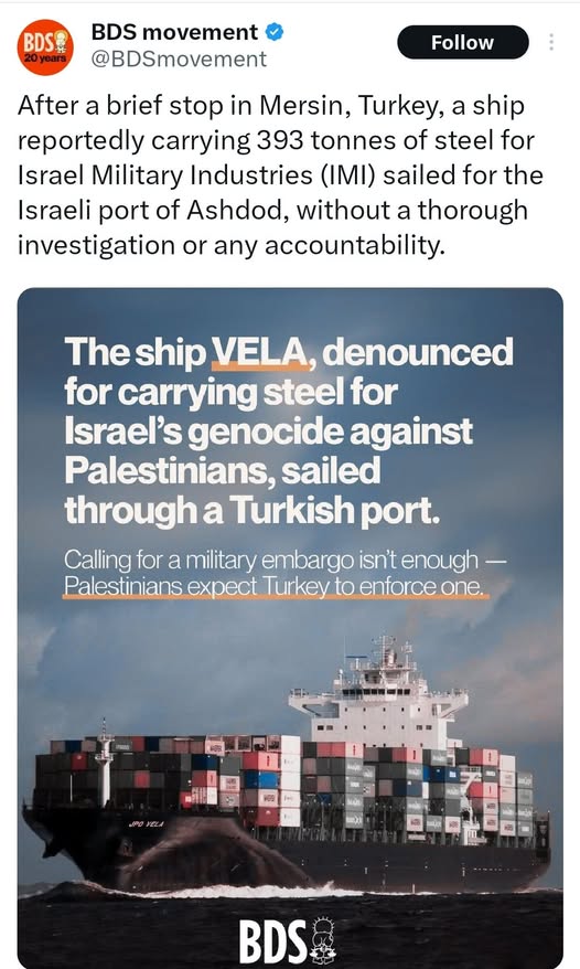 Dhaqdhaqaaqa Cunoqabateynta Isra oo Turkiga ku cambaareeyey baaris la’aan maraakiibta qalabka u sida warshadaha milatariga Isra