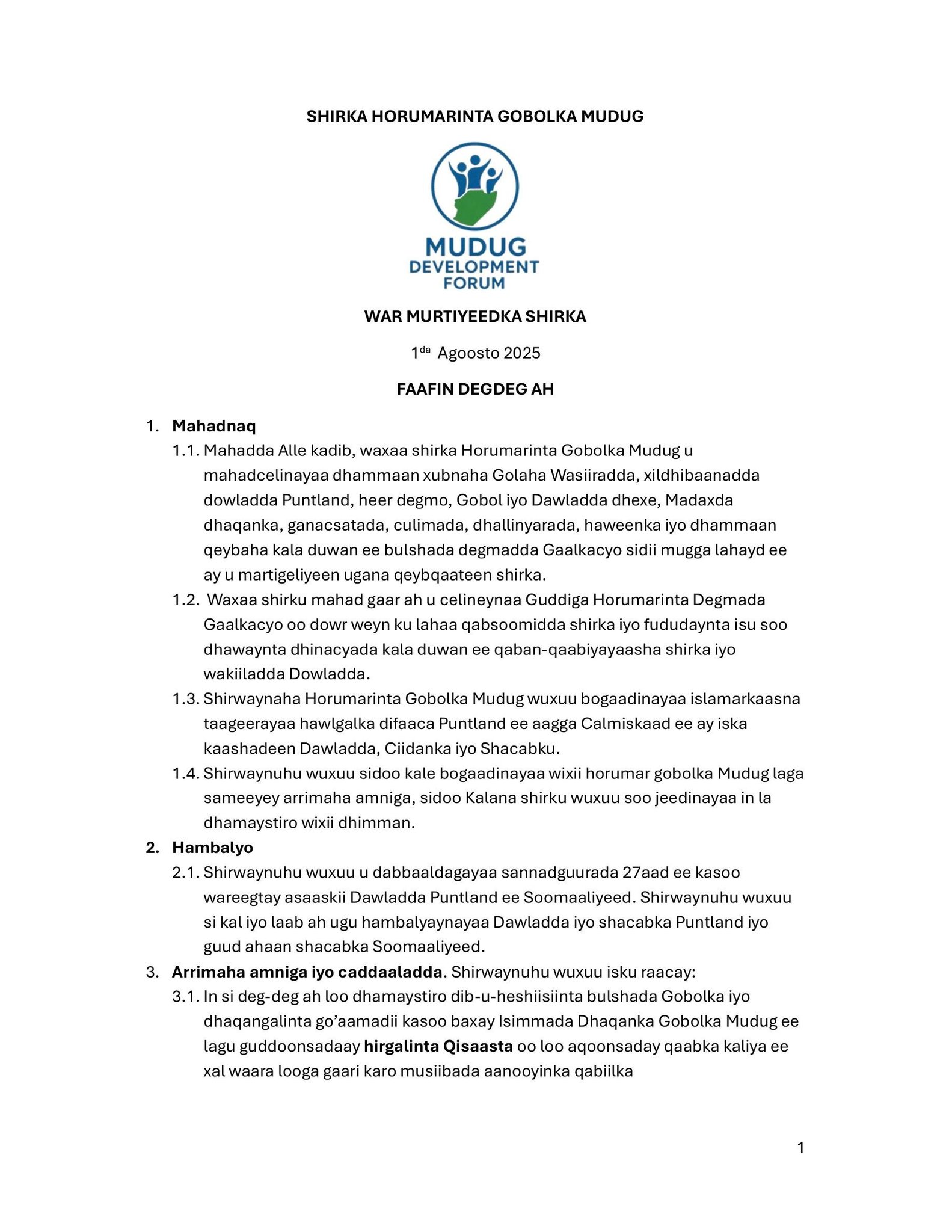 War Murtiyeedka Shirka Hormarinta Gobolka Mudug